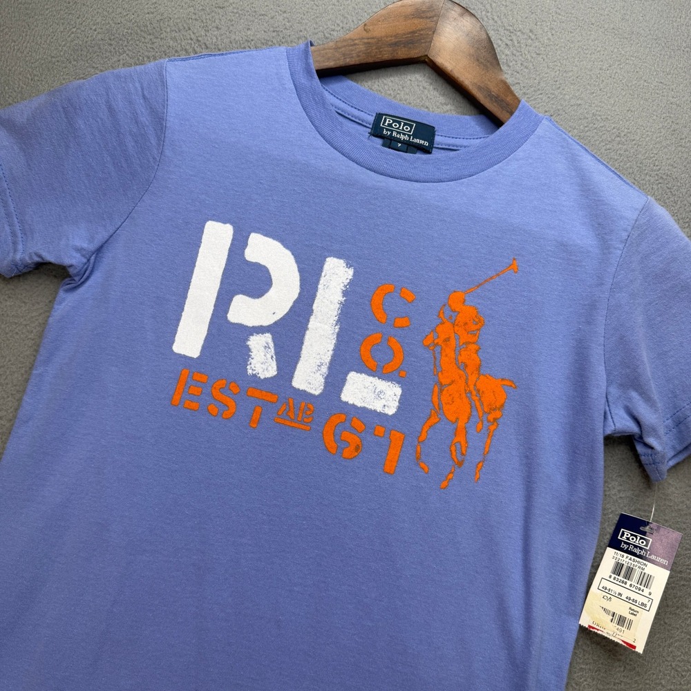 Polo Ralph Lauren Graphic T-Shirt Kids Size 7 Blue Cotton Preppy Big Pony Logo